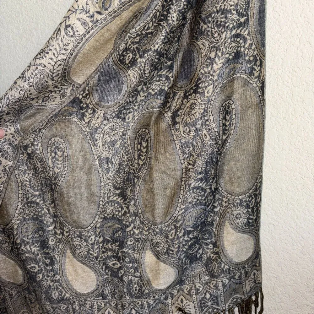 Silk Cashmere Scarf Wrap Shawl Paisley Floral Boho Wrap 28x74 Wide Fringe